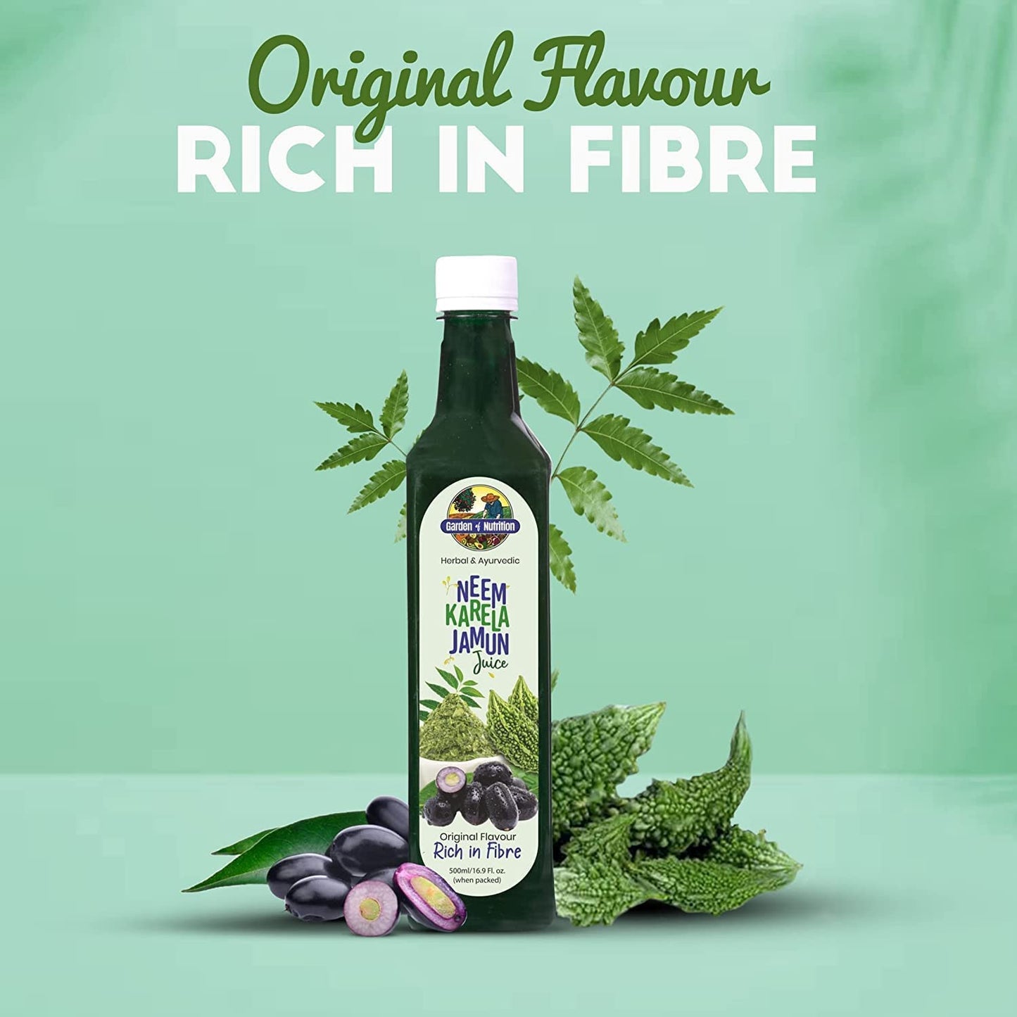 Neem Karela Jamun Juice - Herbal and Ayurvedic Blend for Nutrition | High Fiber Content | Original Flavour | 100% Pure (500ml)