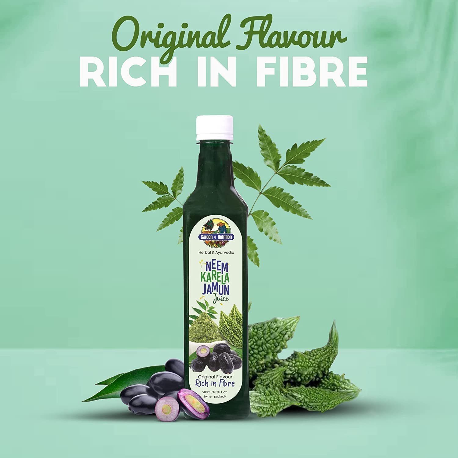 Neem Karela Jamun Juice - Herbal and Ayurvedic Blend for Nutrition | High Fiber Content | Original Flavour | 100% Pure (500ml)