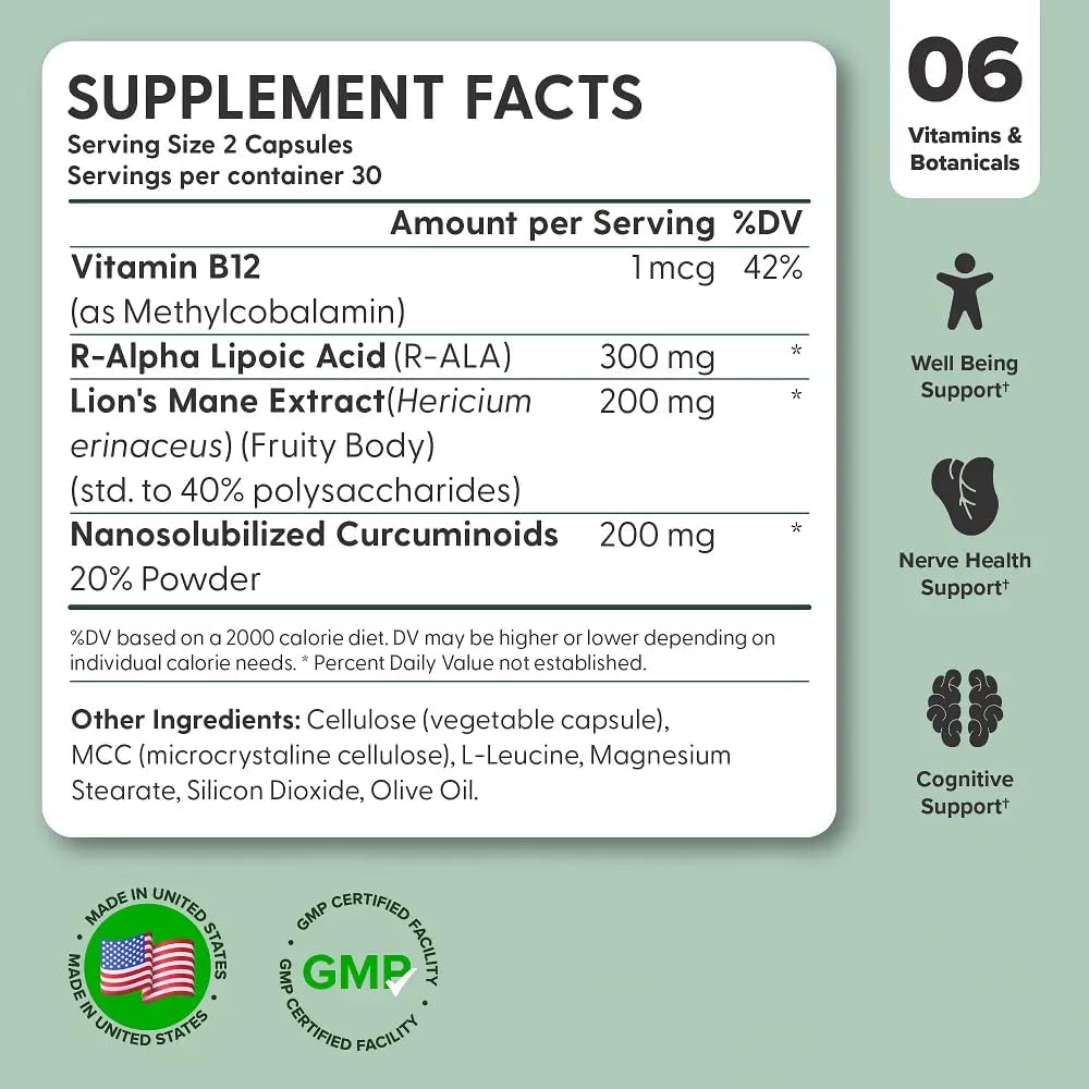 Nerve Prime Supplement with R-Alpha Lipoic Acid, Lion’s Mane Mushroom, Curcumin - Cognitive Function, Well-Being Support, Antioxidant Protection - 120-Day Supply (4 Pack)