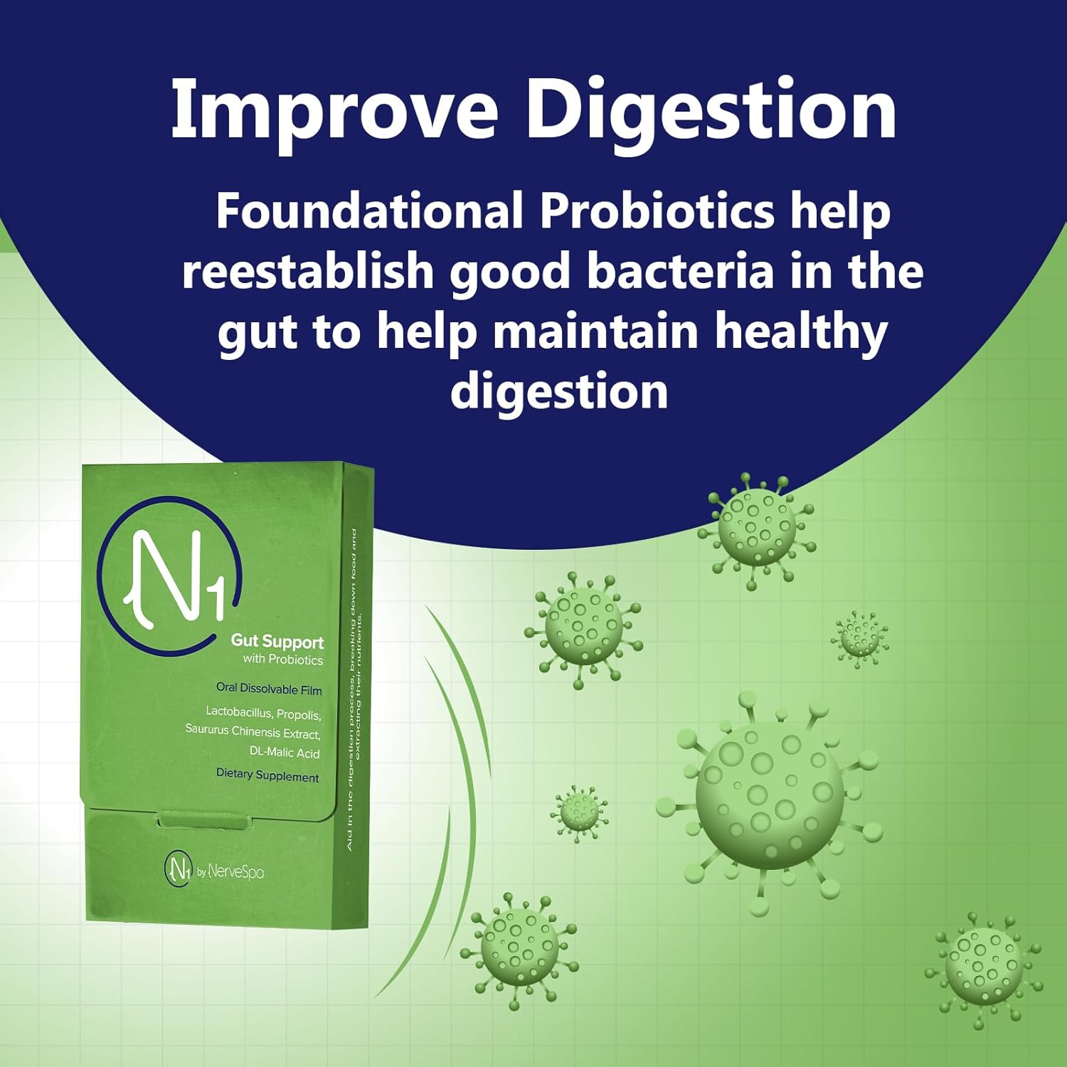 NerveSpa Gut Support Probiotic Oral Dissolvable Film - Improve Digestion, Enhance Nutrient Absorption - 10 Films