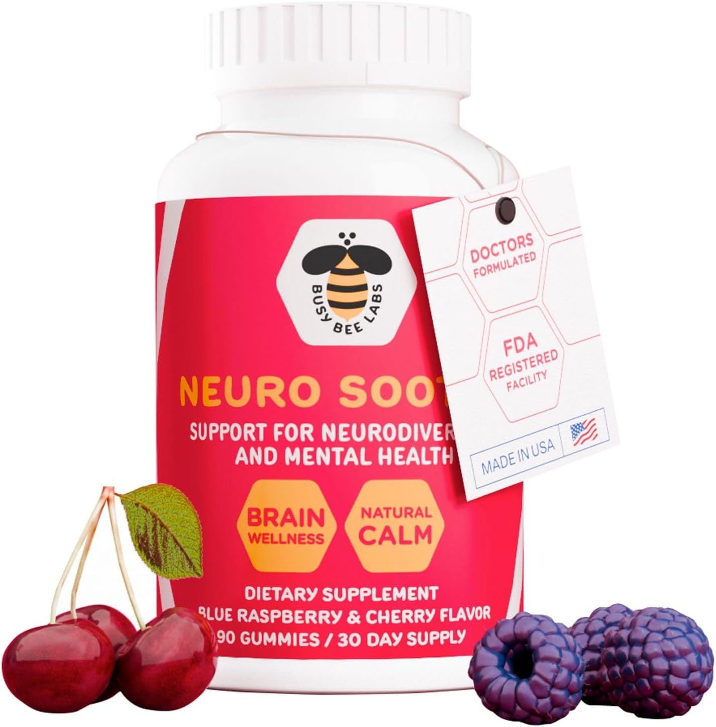 Neuro Soothe Gummies - Neurodiversity & Mental Health Support, Brain Wellness & Calm, Blue Raspberry & Cherry, 90 Gummies