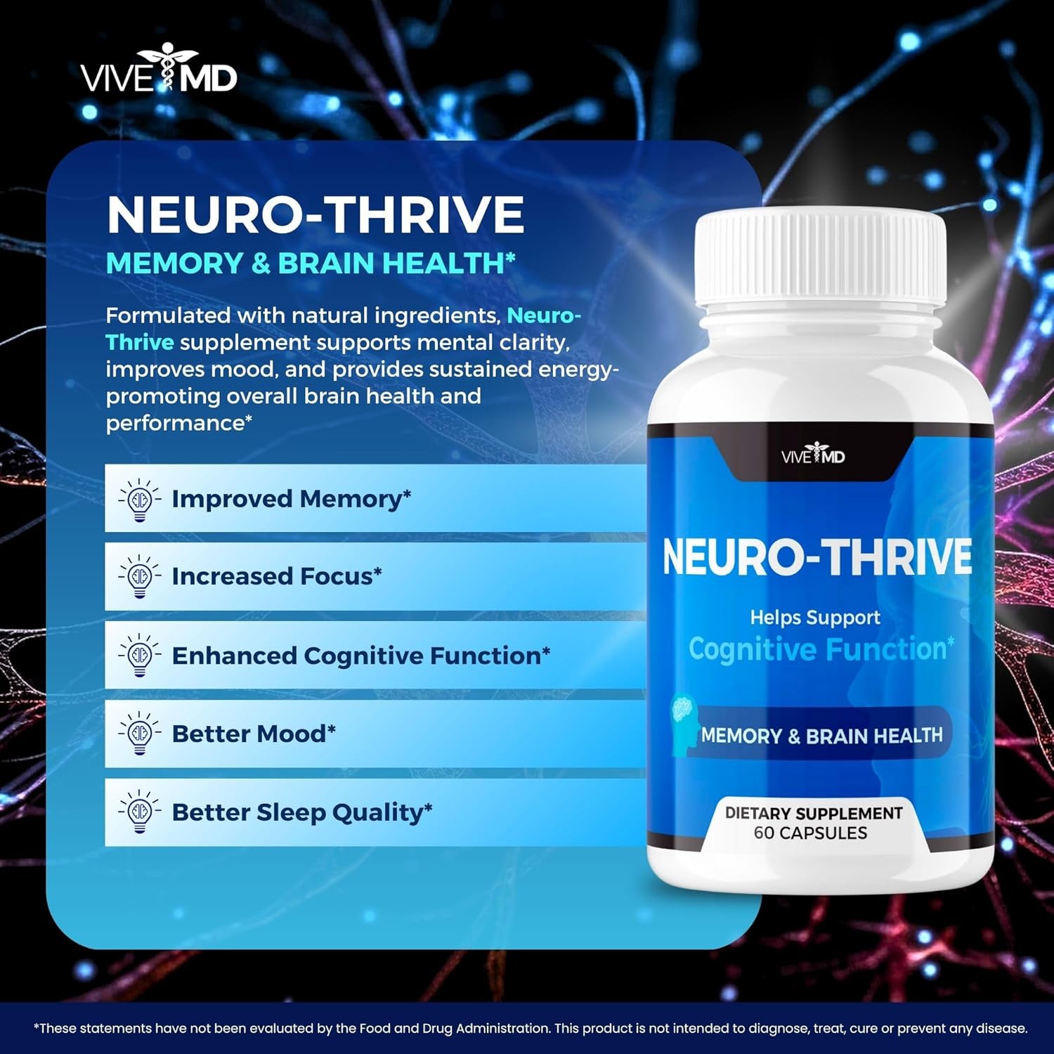 Neuro Thrive Brain Supplement - Official Formula with PQQ, Ginkgo Biloba, and Siberian Ginseng Extracts (60 Capsules)