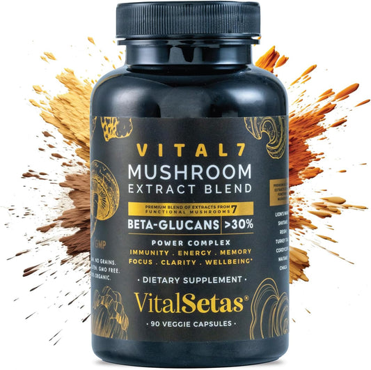 Neuro Vital7 Mushroom Extract Supplement for Focus, Energy & Mental Performance - 90 Veggie Capsules