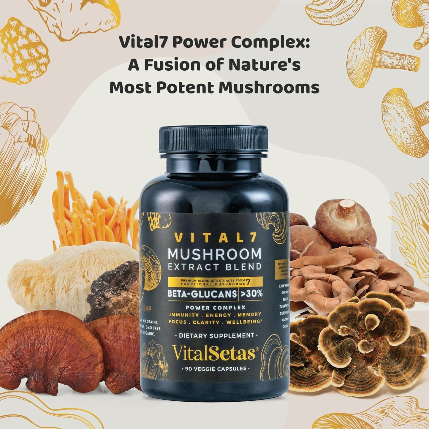 Neuro Vital7 Mushroom Extract Supplement for Focus, Energy & Mental Performance - 90 Veggie Capsules