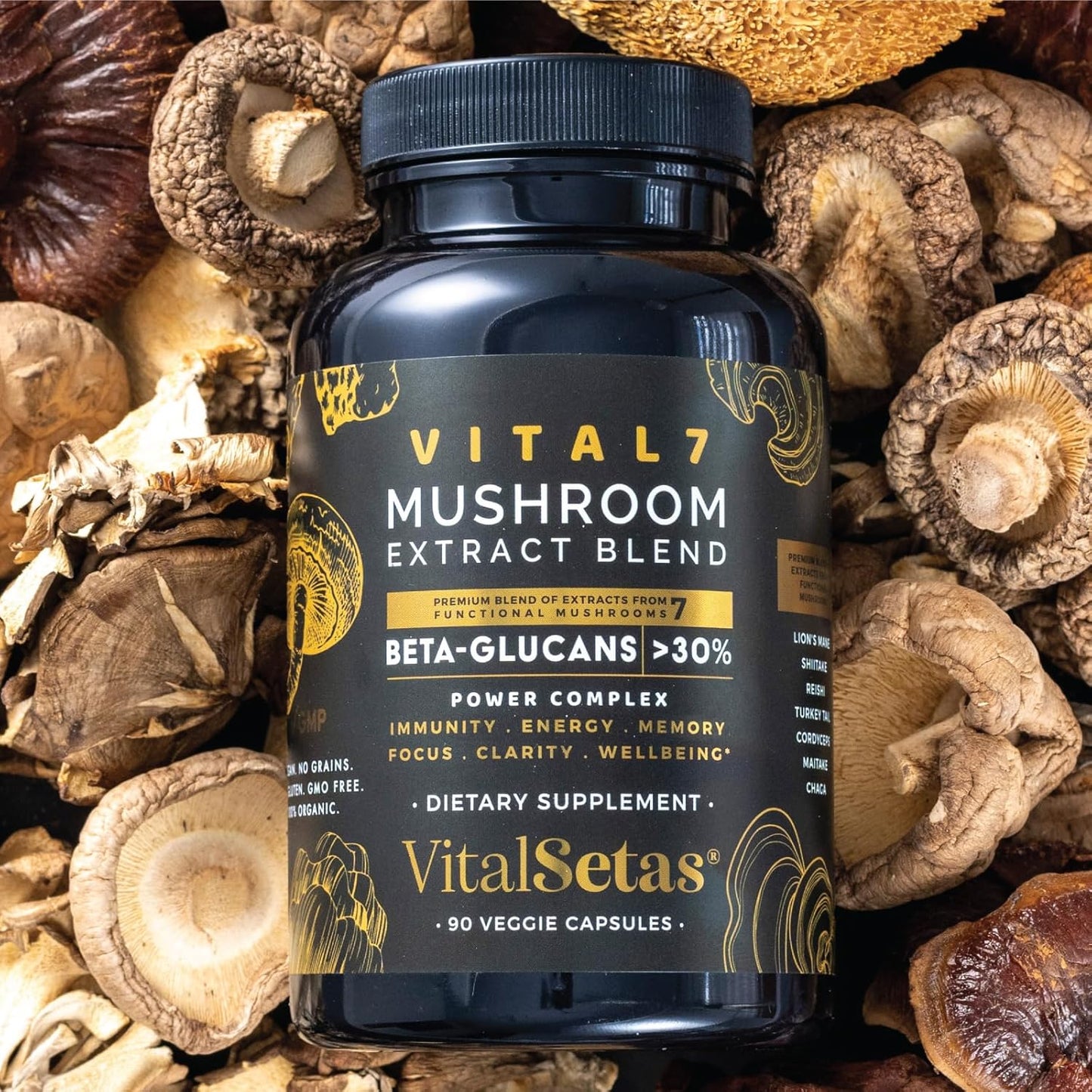 Neuro Vital7 Mushroom Extract Supplement for Focus, Energy & Mental Performance - 90 Veggie Capsules