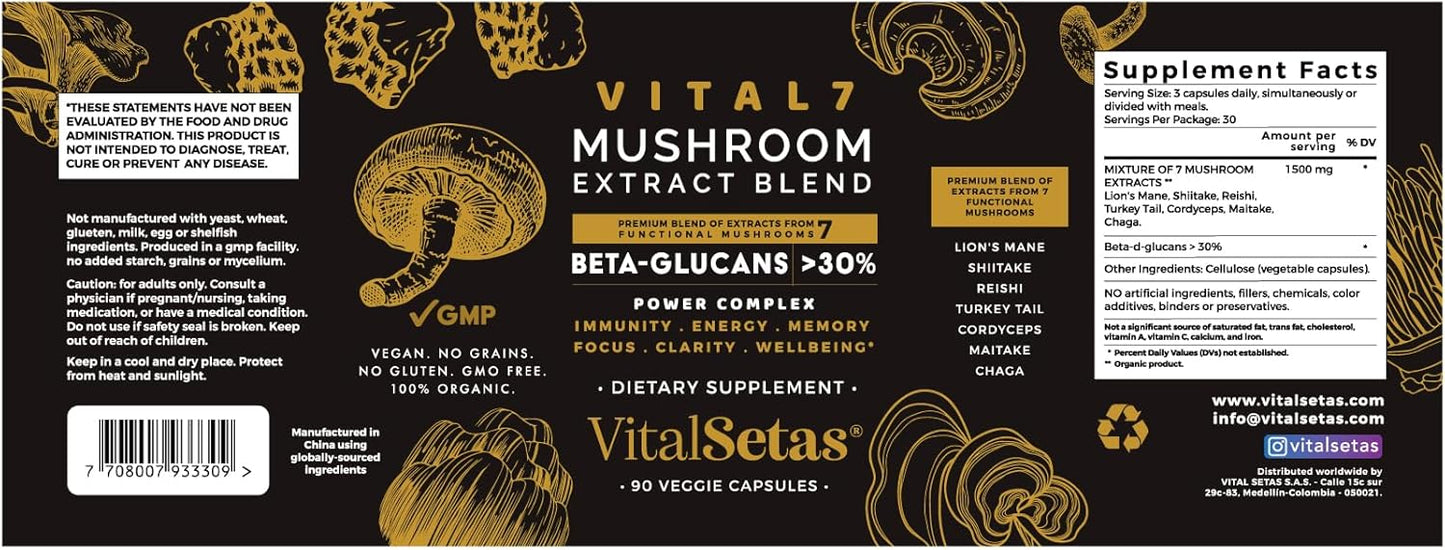 Neuro Vital7 Mushroom Extract Supplement for Focus, Energy & Mental Performance - 90 Veggie Capsules