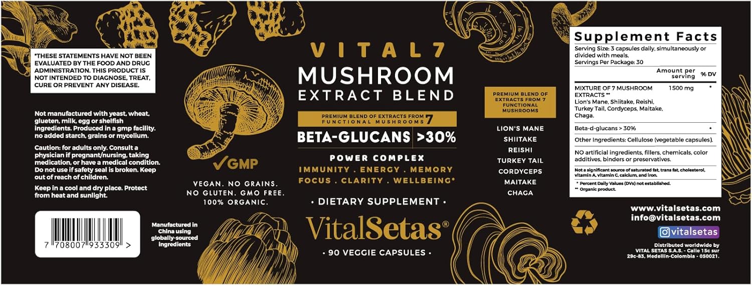 Neuro Vital7 Mushroom Extract Supplement for Focus, Energy & Mental Performance - 90 Veggie Capsules