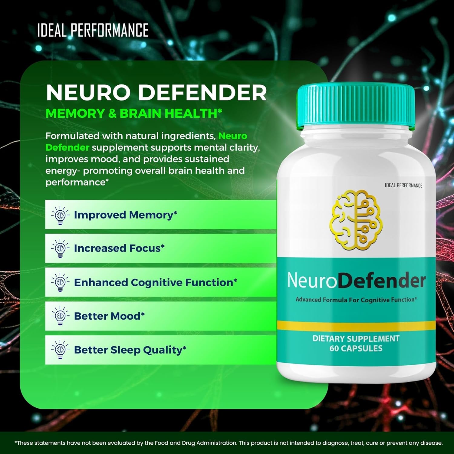 NeuroDefender Brain Health Support Supplements - Memory, Focus, and Nootropics Formula (60 Capsules)