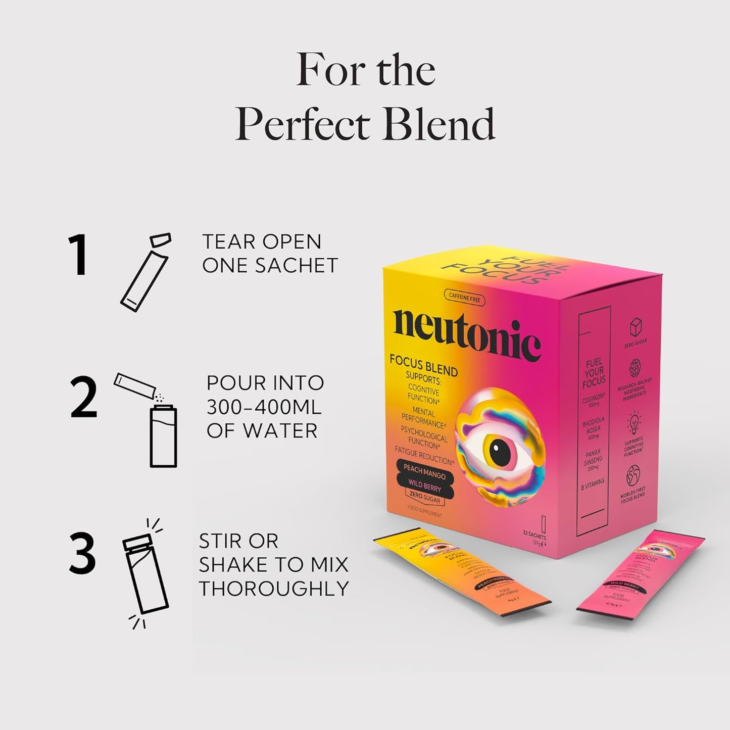 Neutonic Nootropic Focus Blend - Enhance Focus and Mental Performance - Sugar-Free, Caffeine-Free - 32ct - Peach Mango & Wild Berry Flavors