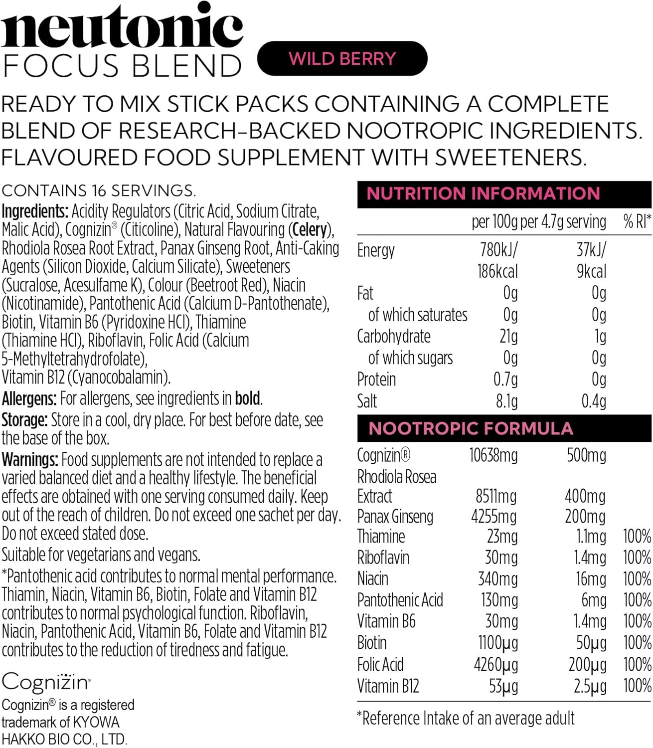 Neutonic Nootropic Focus Blend - Enhance Focus and Mental Performance - Sugar-Free, Caffeine-Free - 32ct - Peach Mango & Wild Berry Flavors