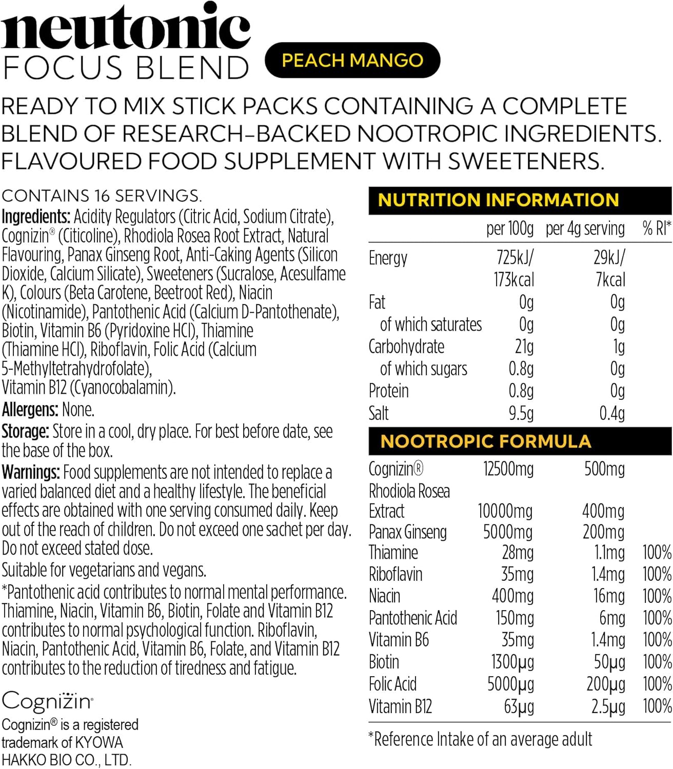 Neutonic Nootropic Focus Blend - Enhance Focus and Mental Performance - Sugar-Free, Caffeine-Free - 32ct - Peach Mango & Wild Berry Flavors
