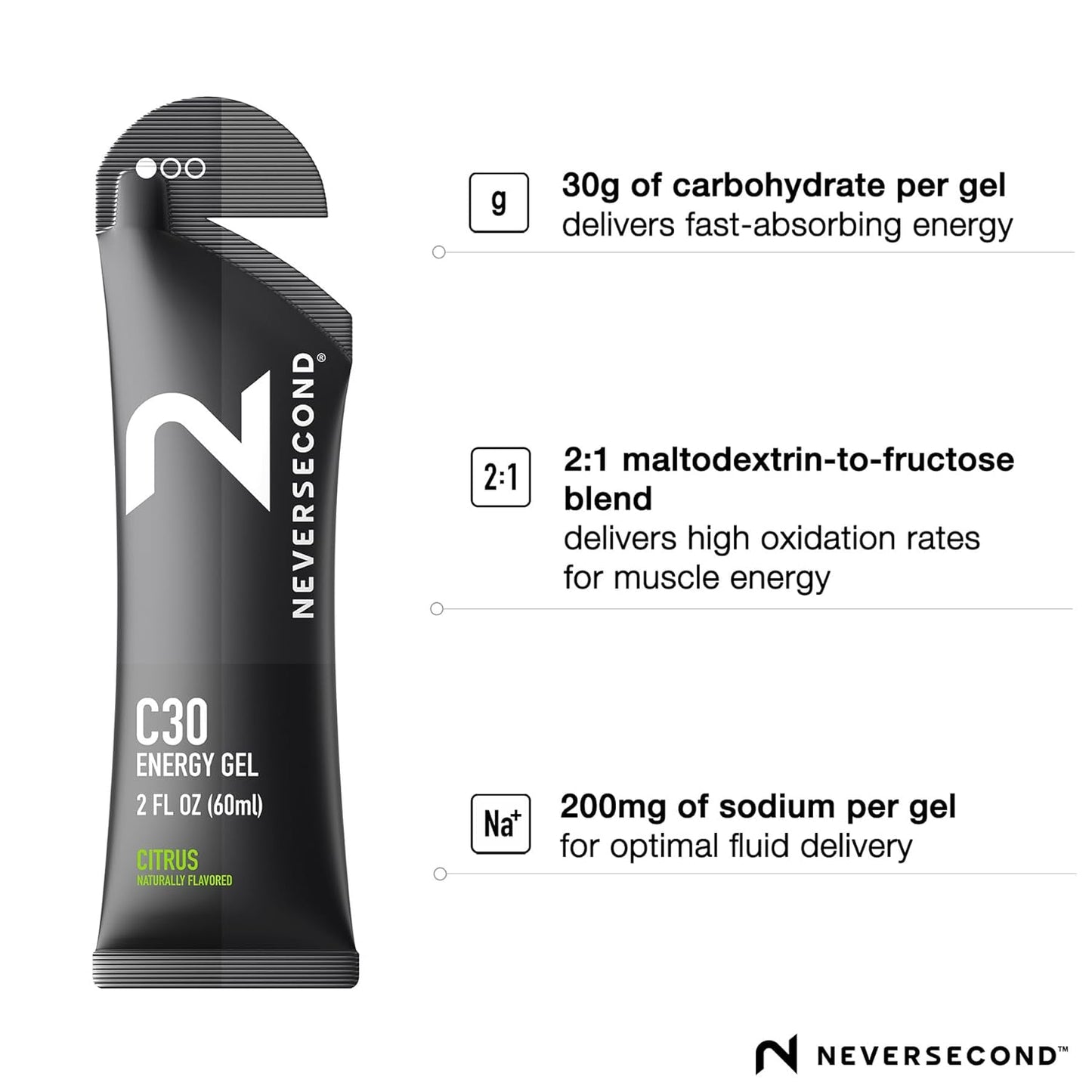 Neversecond C30 Energy Gel - Citrus Flavor, 12-Pack for Triathlons, Ironman, Cycling & Marathons - Performance Nutrition & Hydration