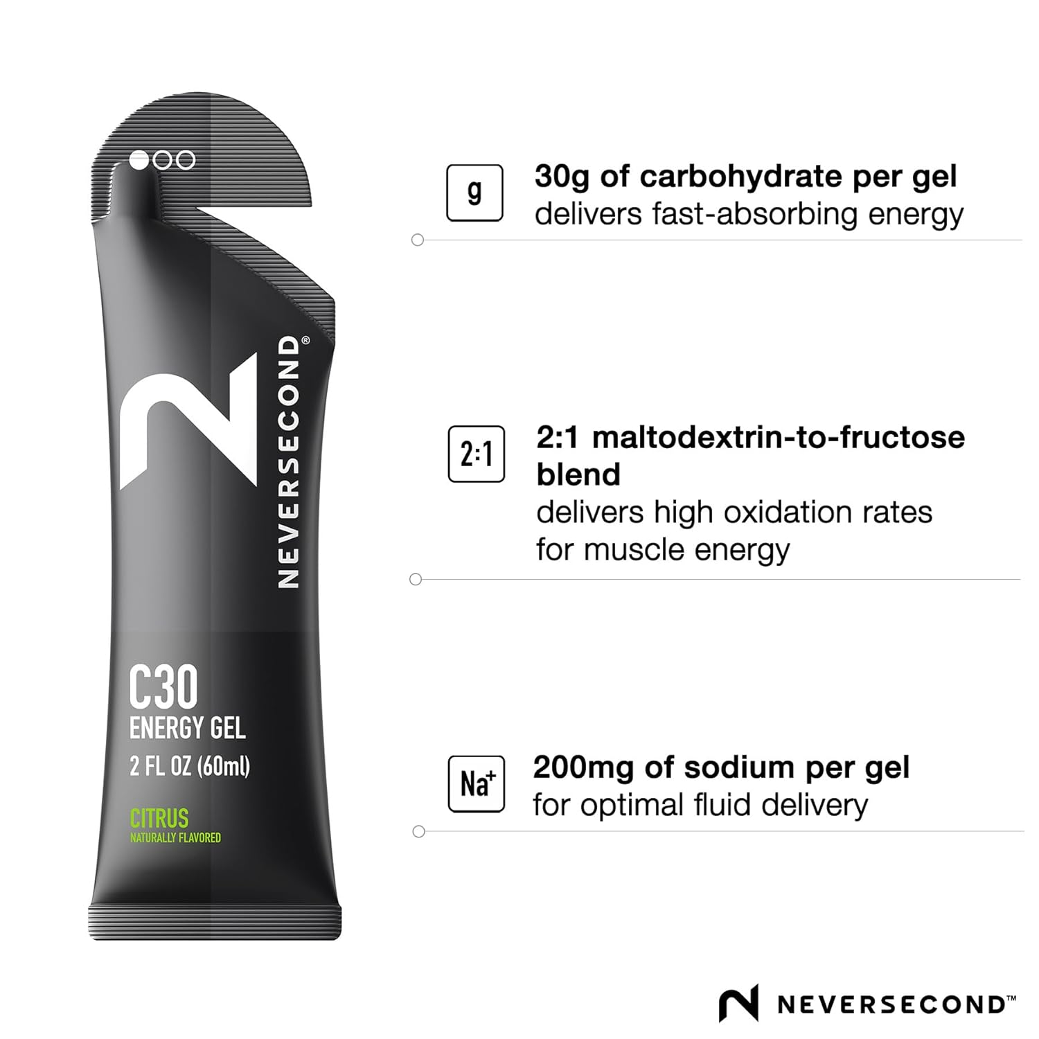 Neversecond C30 Energy Gel - Citrus Flavor, 12-Pack for Triathlons, Ironman, Cycling & Marathons - Performance Nutrition & Hydration