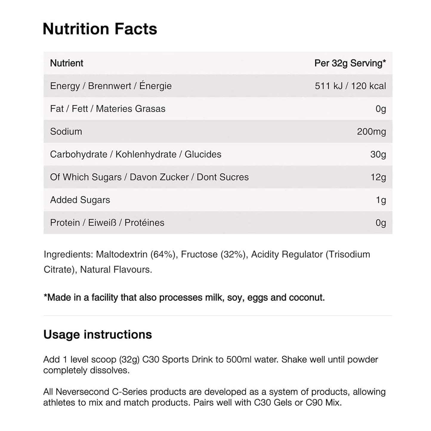 Neversecond C30 Sports Drink: Electrolyte Hydration & Carbohydrates for Endurance - Citrus Flavor (640g, 20 Servings)