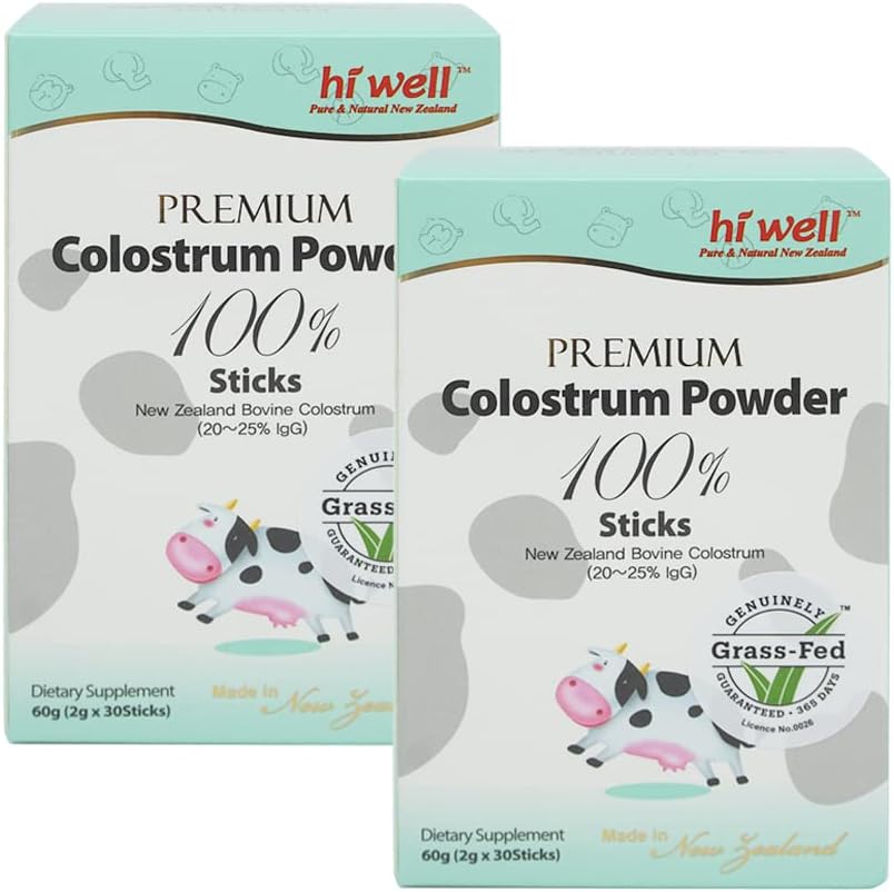 New Zealand Hi Well Premium Grass-Fed Colostrum Powder 2g 30 Sticks - Pack of 2, Pure & Natural