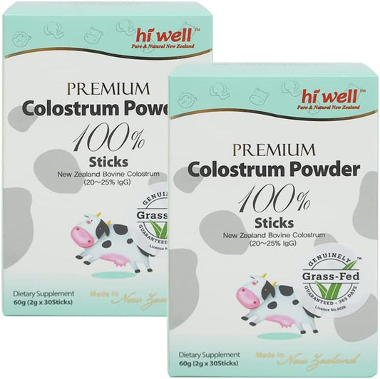 New Zealand Hi Well Premium Grass-Fed Colostrum Powder 2g 30 Sticks - Pack of 2, Pure & Natural