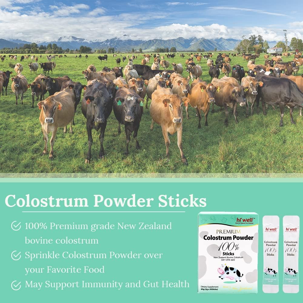 New Zealand Hi Well Premium Grass-Fed Colostrum Powder 2g 30 Sticks - Pack of 2, Pure & Natural