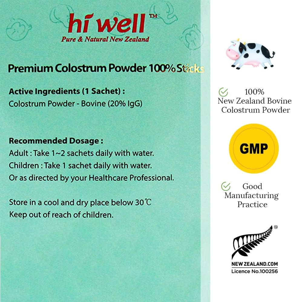 New Zealand Hi Well Premium Grass-Fed Colostrum Powder 2g 30 Sticks - Pack of 2, Pure & Natural