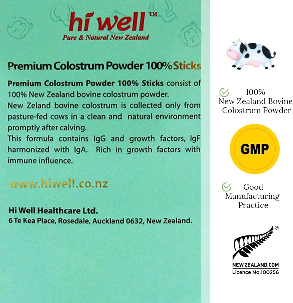 New Zealand Hi Well Premium Grass-Fed Colostrum Powder 2g 30 Sticks - Pack of 2, Pure & Natural