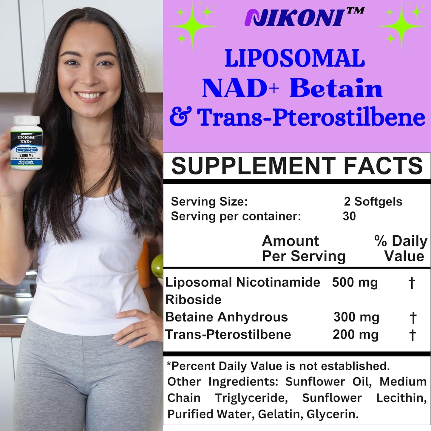 Nikoni Liposomal NAD+ 2000 mg Softgels with TMG and Pterostilbene for Healthy Aging