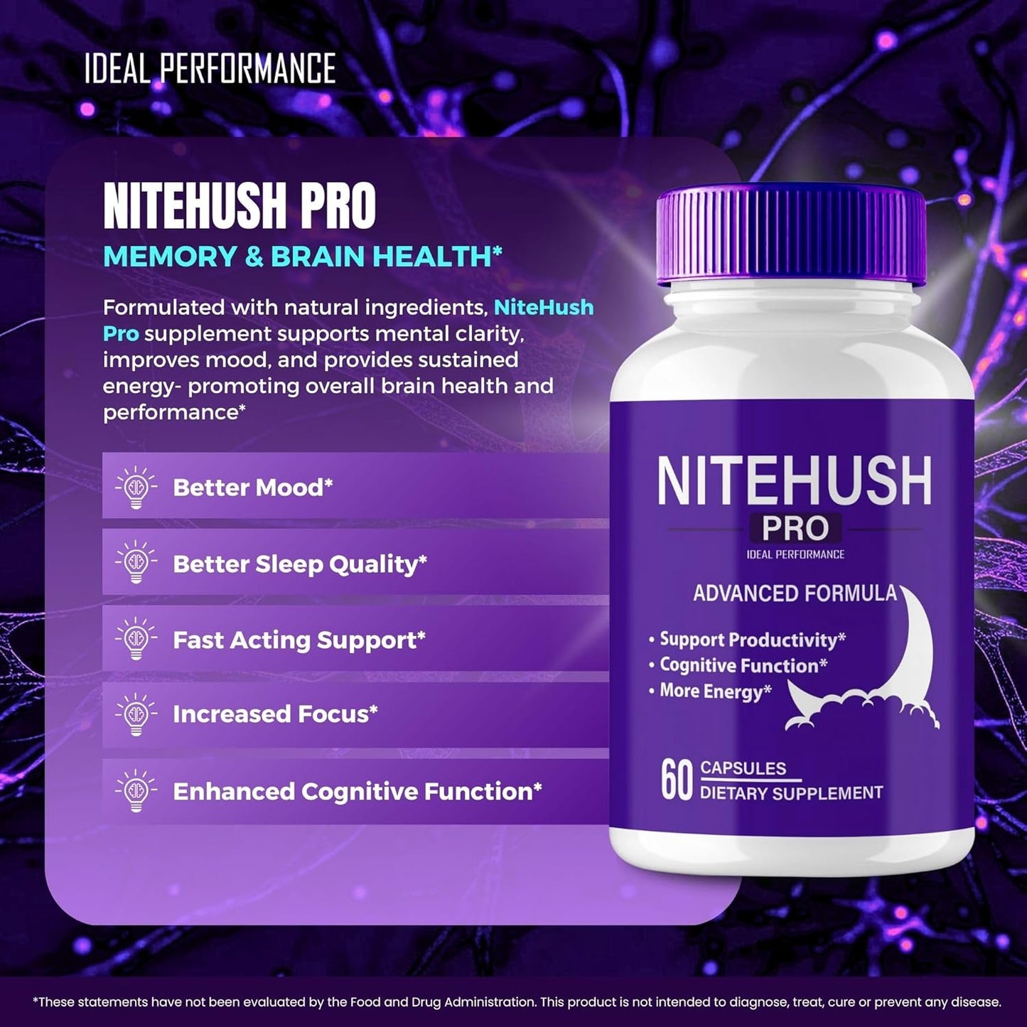Nite Hush Pro Brain Supplements - Advanced Formula for Memory, Focus & Brain Health - Maximum Strength Nootropics - 5 Pack