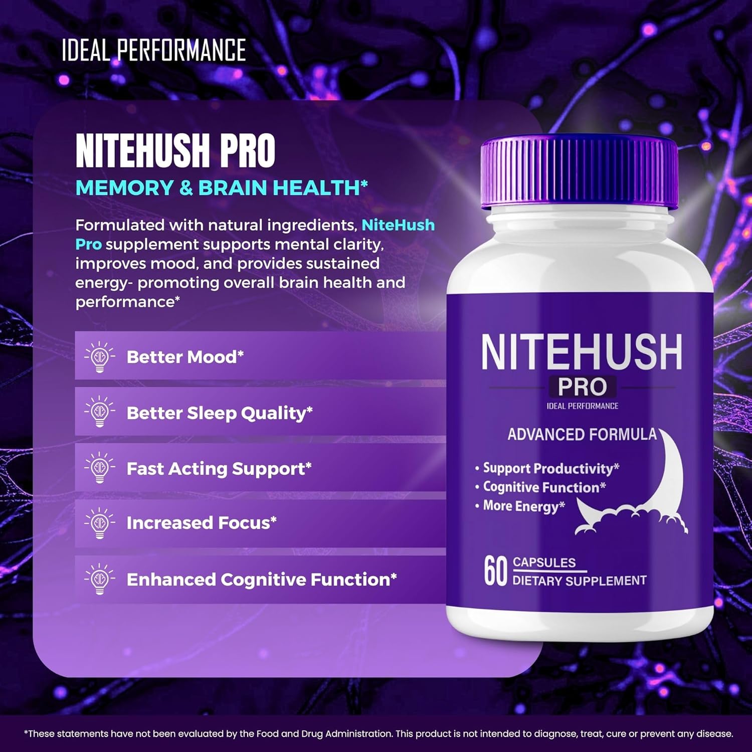 Nite Hush Pro Brain Supplements - Advanced Formula for Memory, Focus & Brain Health - Maximum Strength Nootropics - 5 Pack