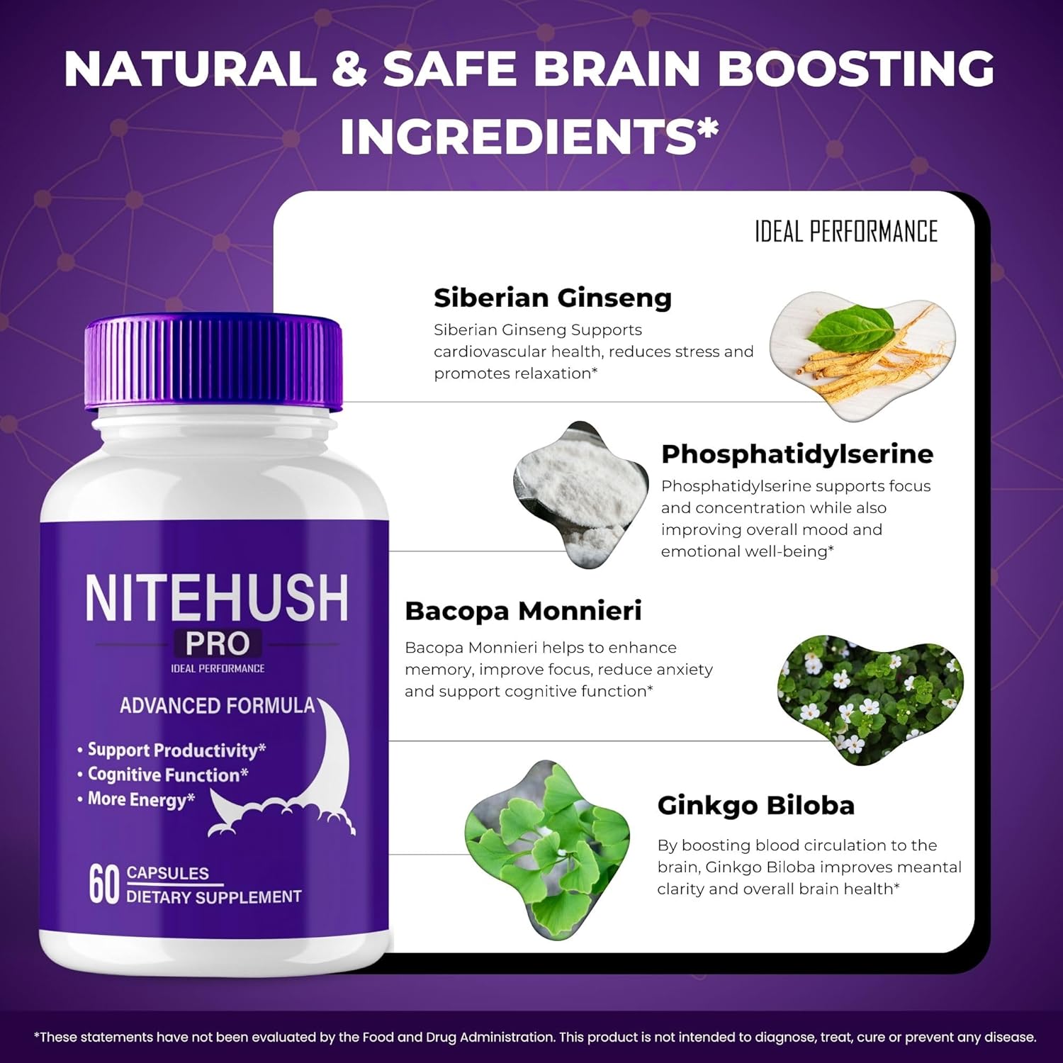 Nite Hush Pro Brain Supplements - Advanced Formula for Memory, Focus & Brain Health - Maximum Strength Nootropics - 5 Pack