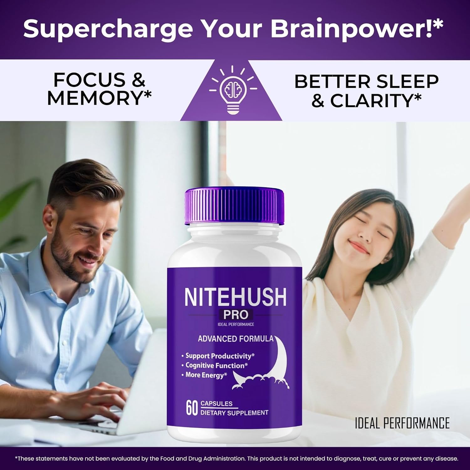 NiteHushPro Brain Supplements Capsules - Advanced Formula for Memory, Focus, and Brain Health - Maximum Strength Nootropics - All Natural Support - 3 Pack