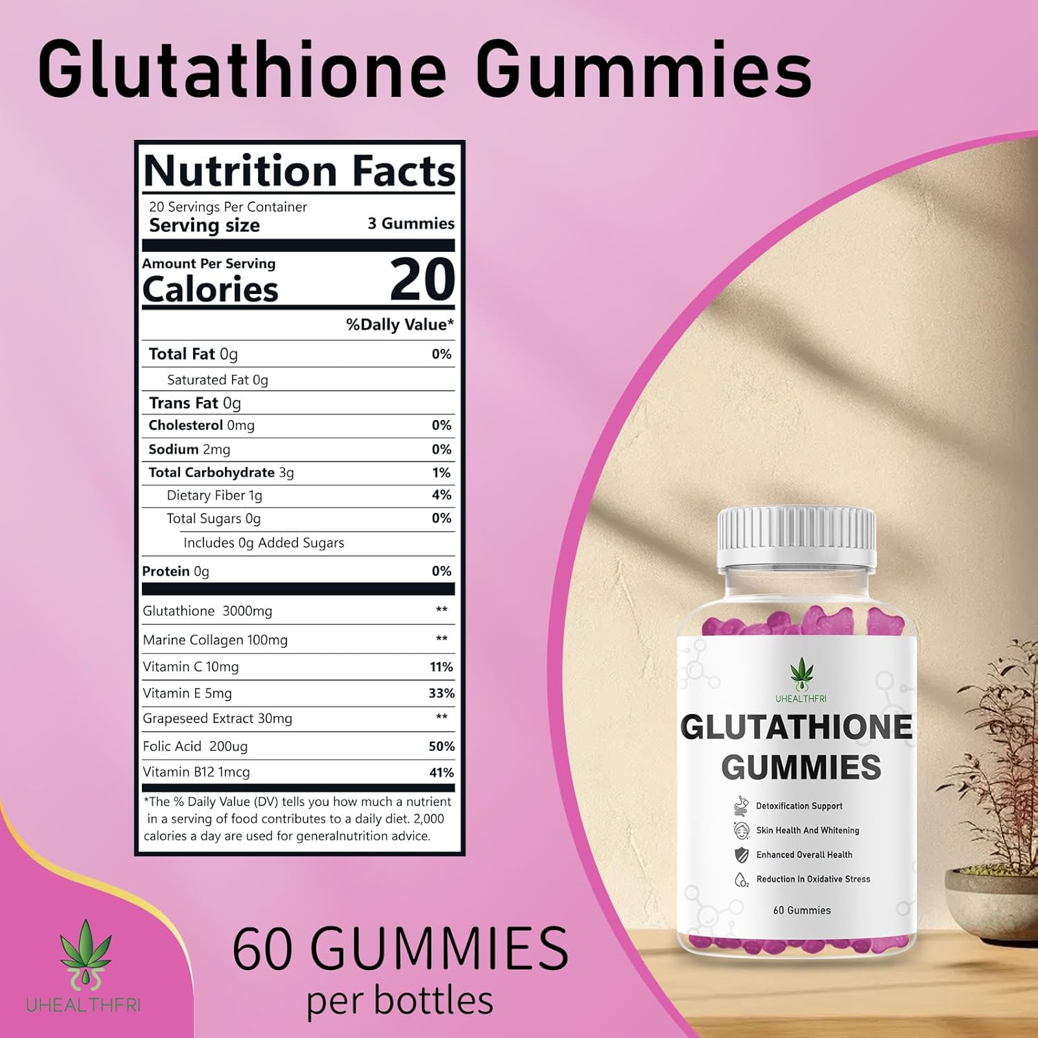 Non-GMO Gluten-Free Glutathione Collagen Gummies for Hair, Skin, Nails, Muscles, and Joints - Skin Whitening Supplement for Women and Men by Uhealthfri