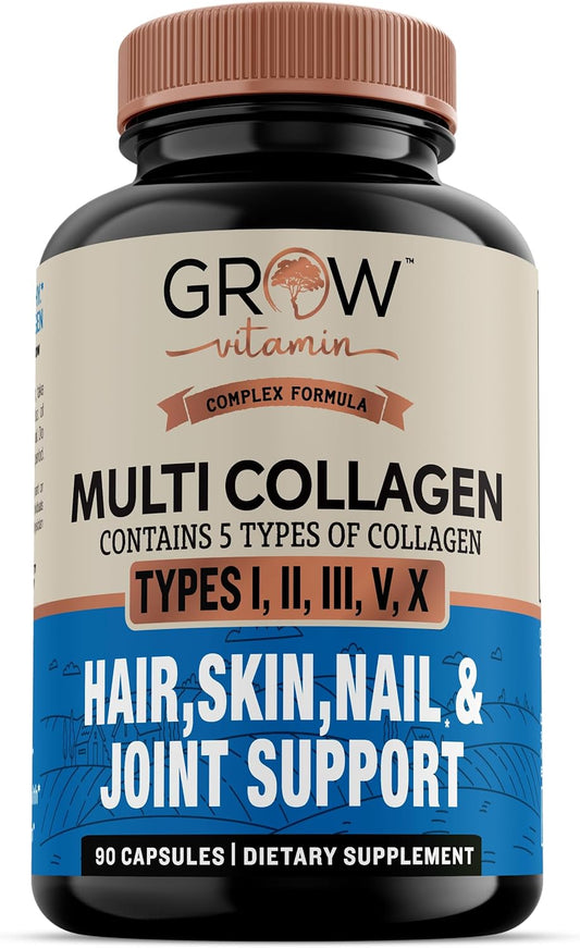 Non GMO Multi Collagen Capsules 1800MG with Types I, II, III, V & X - Grass Fed Anti Aging Support for Hair, Skin, Nails - 90 Capsules for Joint & Protein Support