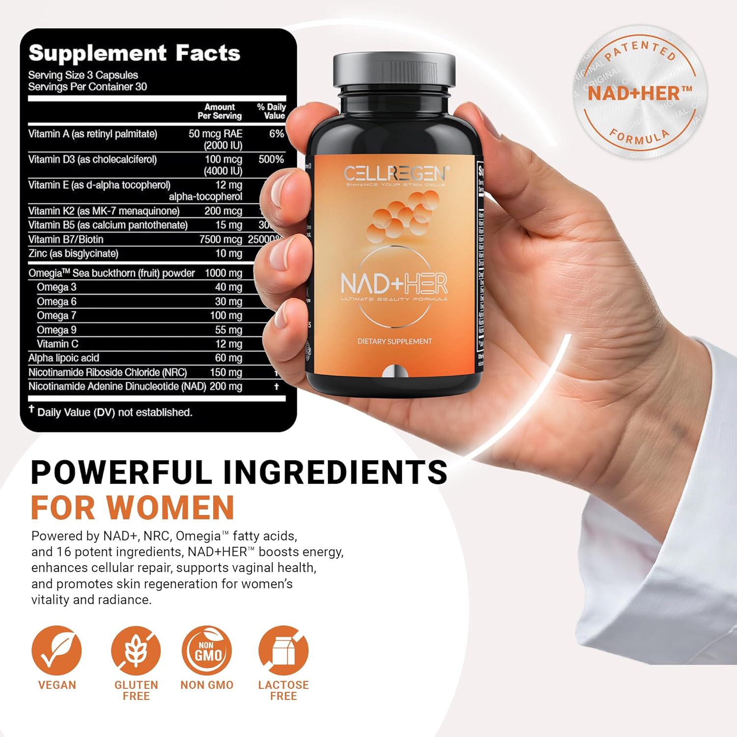 Non-GMO NAD Supplement for Women - Restore NAD Levels & Rejuvenate Skin Cells - 90 Capsules
