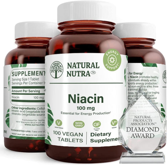 Non-GMO Niacin Supplement for Energy, Body Fat Maintenance, Digestion, Skin Health, Brain Function - 100mg, 100 Tablets (Pack of 3)