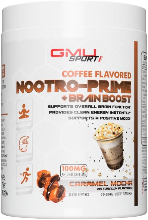 Nootro-Prime Nootropic Brain Supplement Powder for Focus & Mental Clarity, Lion’s Mane & Alpha GPC, Brain Booster for Men & Women, 30 Servings, Caramel Mocha Flavor