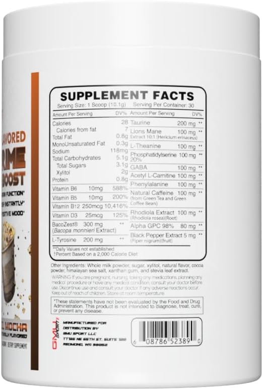 Nootro-Prime Nootropic Brain Supplement Powder for Focus & Mental Clarity, Lion’s Mane & Alpha GPC, Brain Booster for Men & Women, 30 Servings, Caramel Mocha Flavor