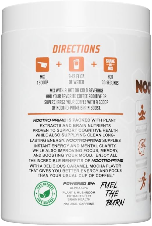 Nootro-Prime Nootropic Brain Supplement Powder for Focus & Mental Clarity, Lion’s Mane & Alpha GPC, Brain Booster for Men & Women, 30 Servings, Caramel Mocha Flavor