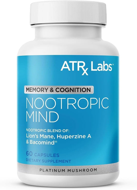 Nootropic Mind Supplement for Memory & Cognition - Vegan Brain Health Support with Lion's Mane, Huperzine A, Bacopa - 60 Capsules