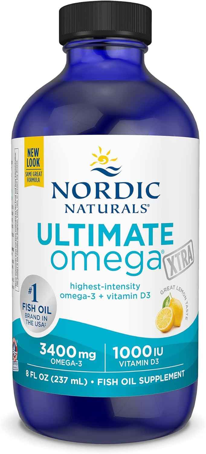 Nordic Naturals Ultimate Omega Xtra Liquid, Lemon Flavor - 8 oz - 3400 mg Omega-3 + 1000 IU Vitamin D3 - EPA & DHA - Brain, Heart, Joint, & Immune Health - Non-GMO - 48 Servings