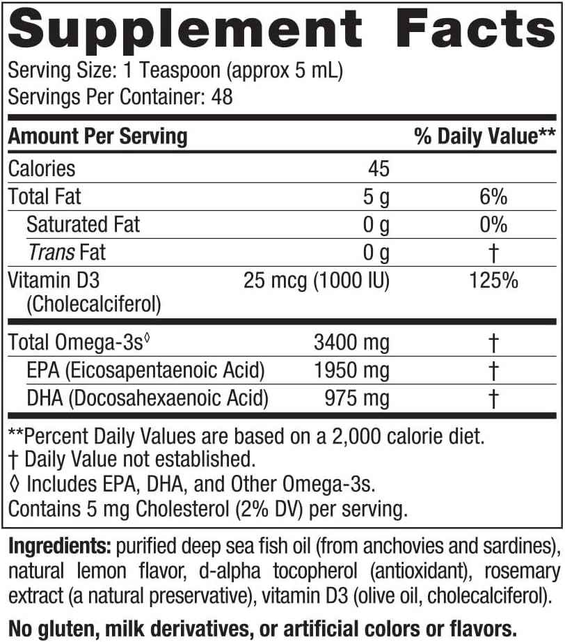 Nordic Naturals Ultimate Omega Xtra Liquid, Lemon Flavor - 8 oz - 3400 mg Omega-3 + 1000 IU Vitamin D3 - EPA & DHA - Brain, Heart, Joint, & Immune Health - Non-GMO - 48 Servings