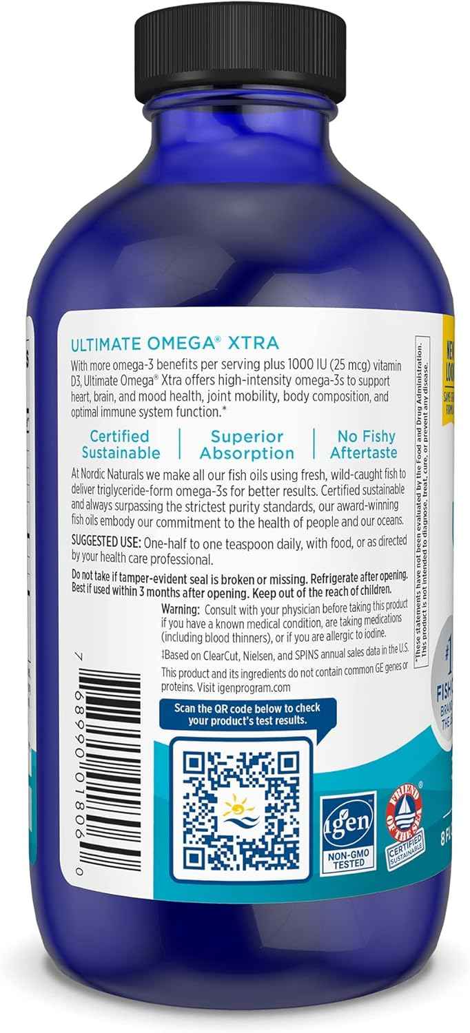 Nordic Naturals Ultimate Omega Xtra Liquid, Lemon Flavor - 8 oz - 3400 mg Omega-3 + 1000 IU Vitamin D3 - EPA & DHA - Brain, Heart, Joint, & Immune Health - Non-GMO - 48 Servings