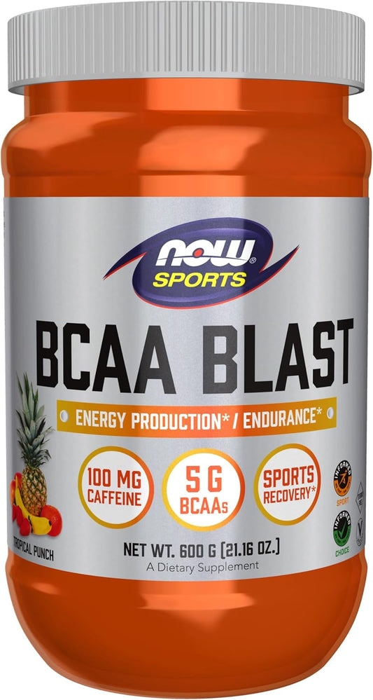 NOW Foods BCAA Blast Powder with 5g BCAA, 100mg Caffeine, Tropical Punch Flavor - 600g