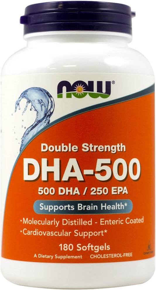 NOW Foods DHA 500mg 180 Softgels - Pack of Two - Omega-3 Fatty Acid Supplement for Brain Health and Cognitive Function