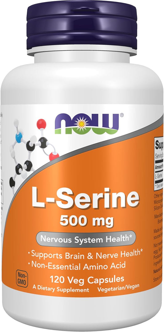 NOW Foods L-Serine 500 mg Supplements for Nervous System Health - 120 Veg Capsules