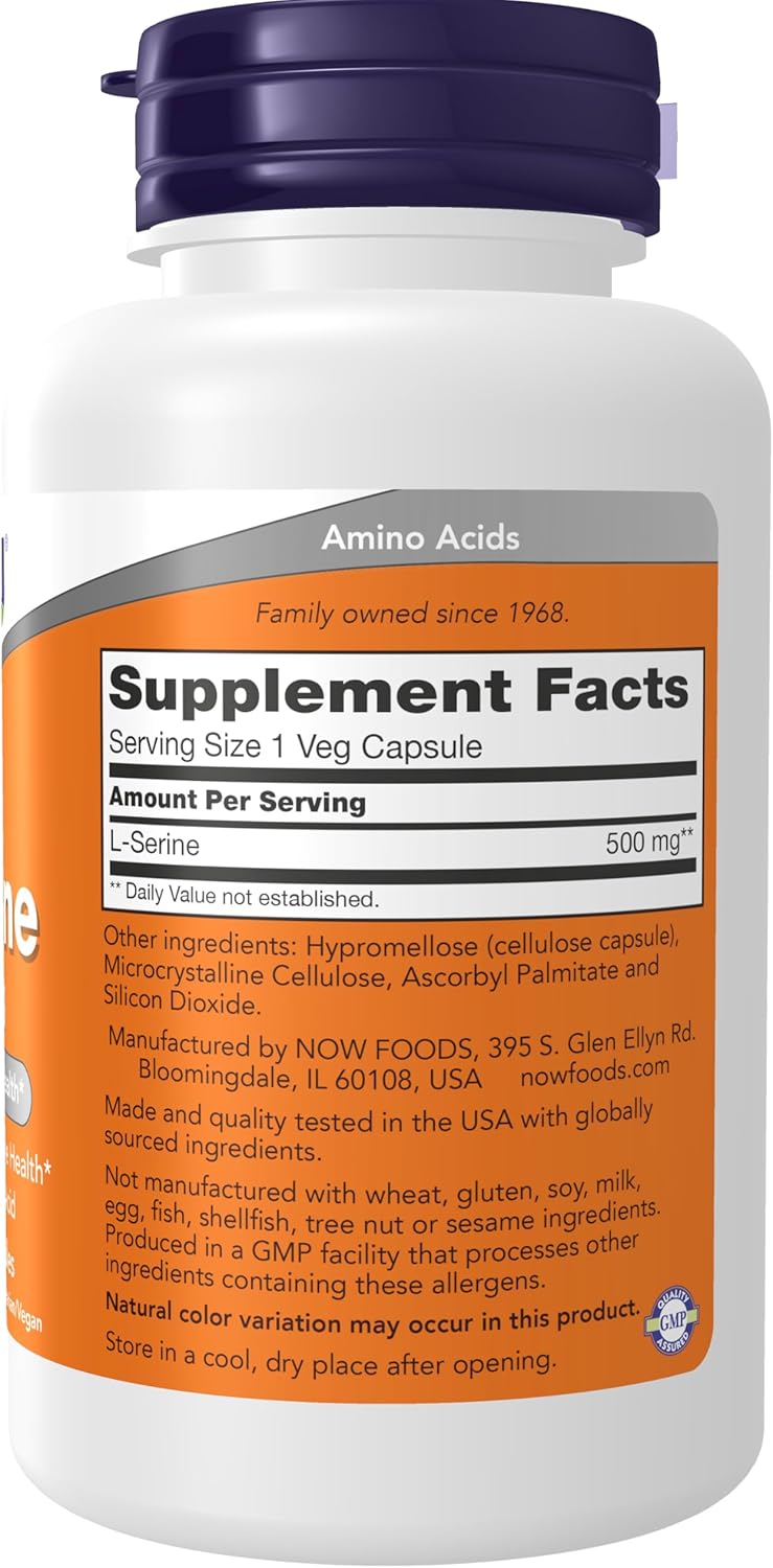 NOW Foods L-Serine 500 mg Supplements for Nervous System Health - 120 Veg Capsules