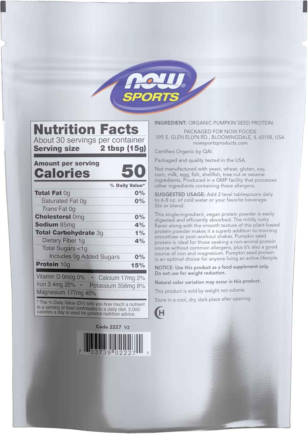 NOW Foods Sports Nutrition, Organic Pumpkin Seed Protein Powder With 10g of Protein, Certified Non-GMO, Unflavored, 1-Pound