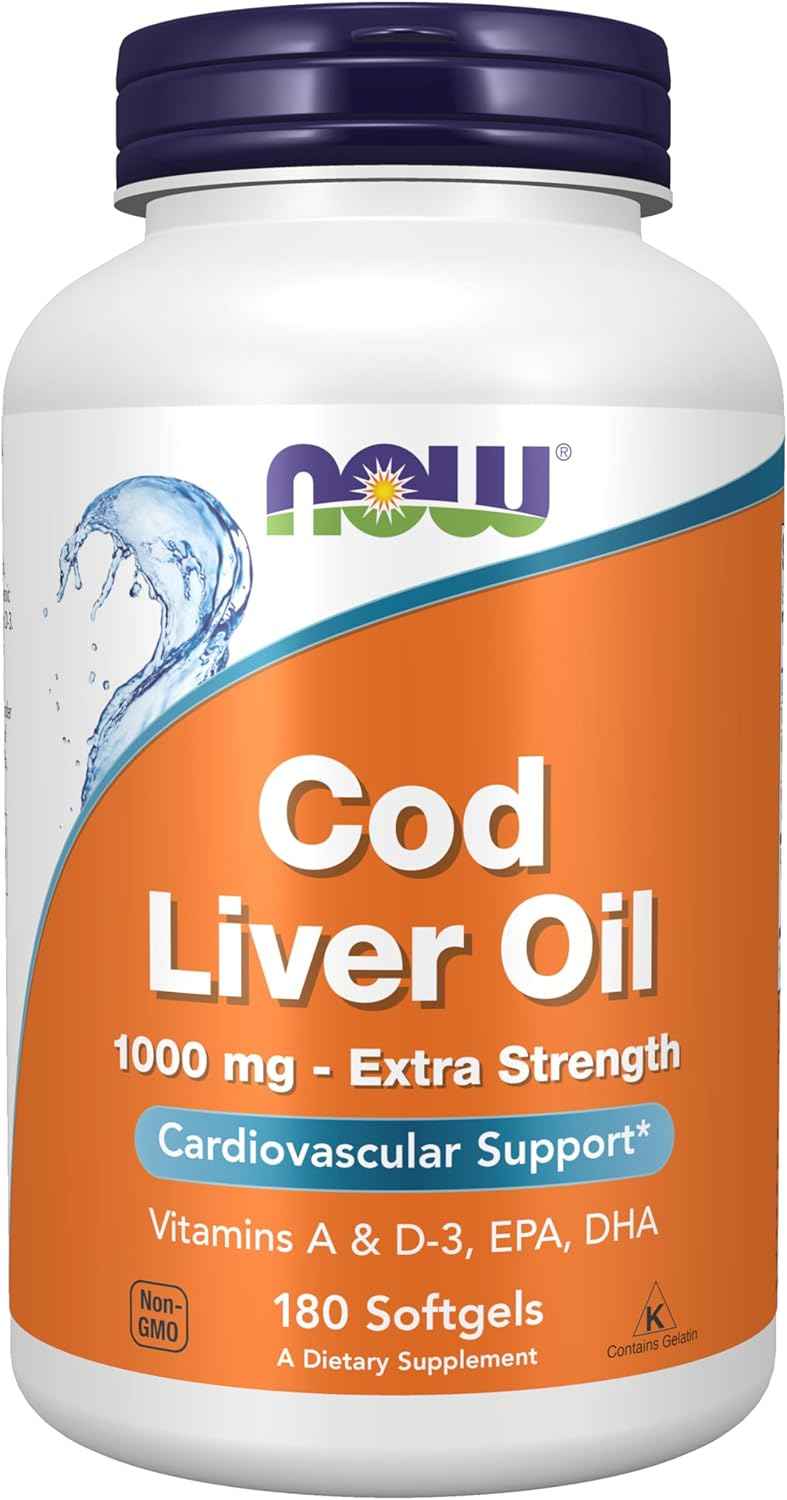 NOW Foods Supplements, Cod Liver Oil, Extra Strength 1,000 mg with Vitamins A & D-3, EPA, DHA, 180 Softgels