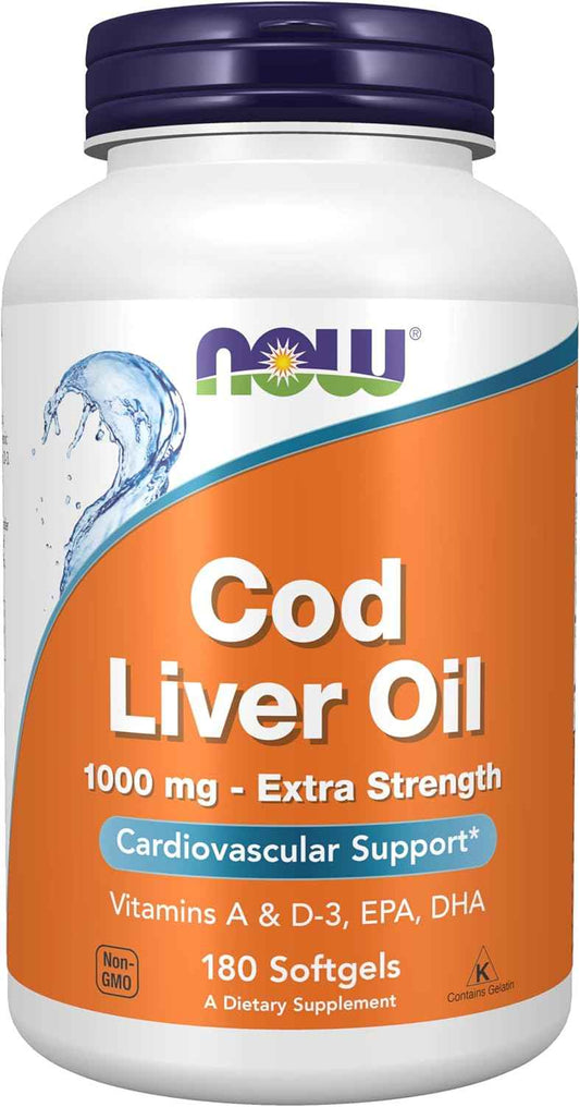 NOW Foods Supplements, Cod Liver Oil, Extra Strength 1,000 mg with Vitamins A & D-3, EPA, DHA, 180 Softgels