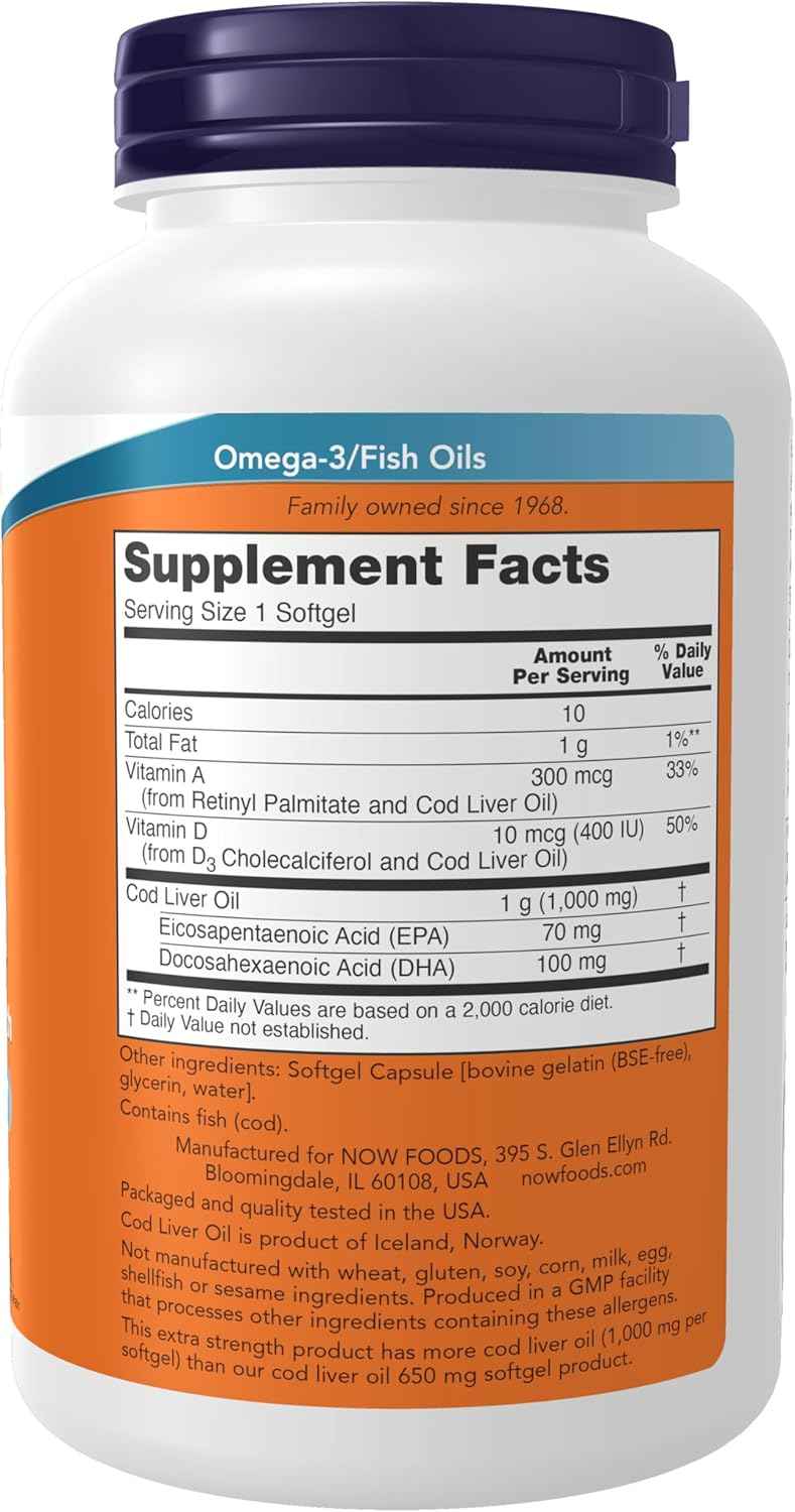 NOW Foods Supplements, Cod Liver Oil, Extra Strength 1,000 mg with Vitamins A & D-3, EPA, DHA, 180 Softgels