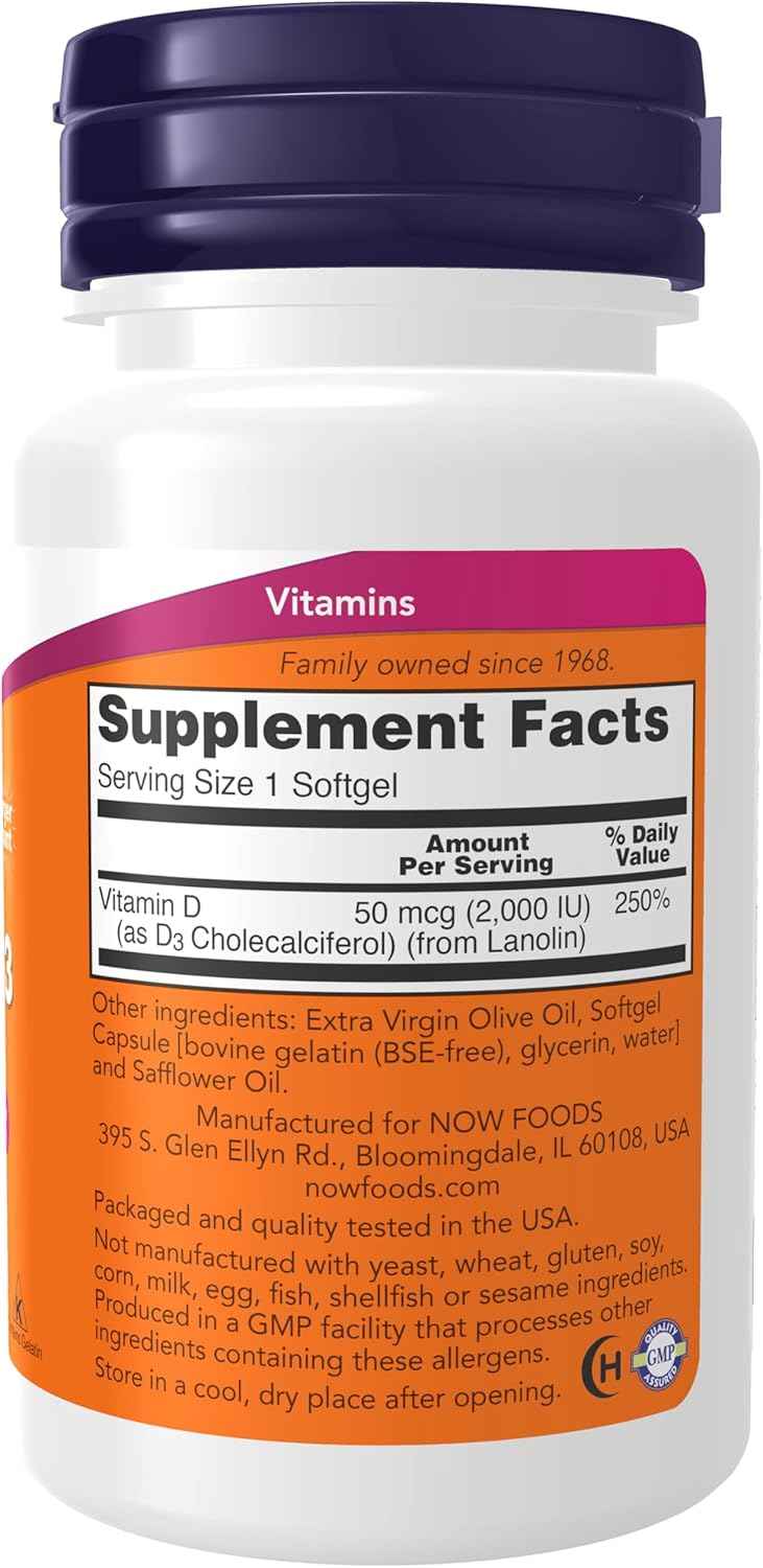 NOW Foods Supplements, Vitamin D-3 2,000 IU, High Potency, Structural Support*, 240 Softgels