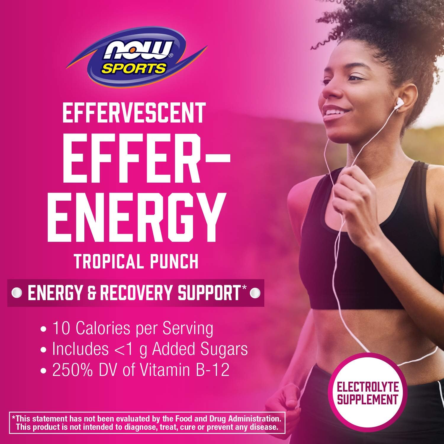 NOW Sports Nutrition Effervescent Effer-Energy Electrolyte Supplement in Tropical Punch - 10 Tablets x 2 Pack for Energy and Recovery