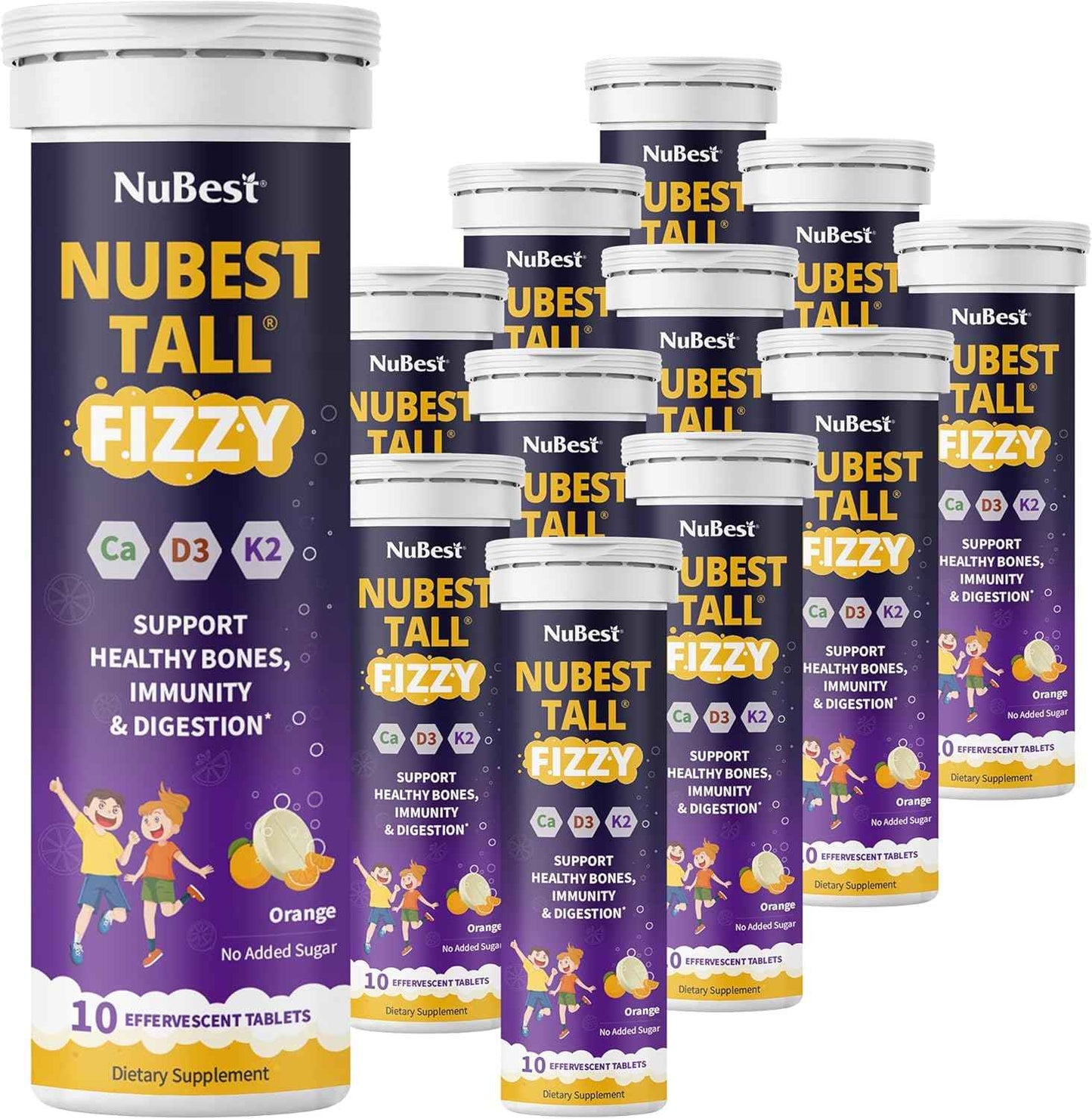 NuBest Tall Fizzy - Bone Strength, Immunity, Digestive Health for Kids & Teens | Probiotic, Calcium, Magnesium from Red Marine Algae, Vitamin D3, K2 & Zinc | 120 Orange Effervescent Tablets - Ages 4+